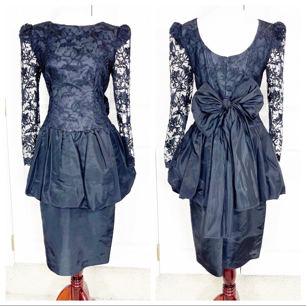 Vintage Act I black lace peplum bow dress